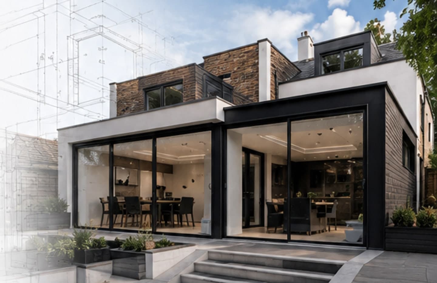 Paddick Engineering Architect-designed rear extension with brick upper storey and full-width glazing